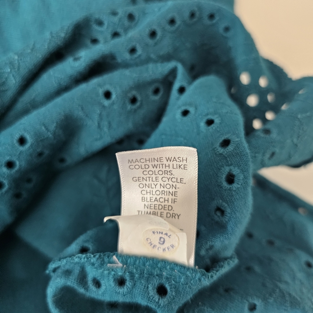 J. Jill Shift Dress XSmall Teal Eyelet Scallop Hem 3/4 Sleeve Cotton Knee Length - Picture 9 of 9